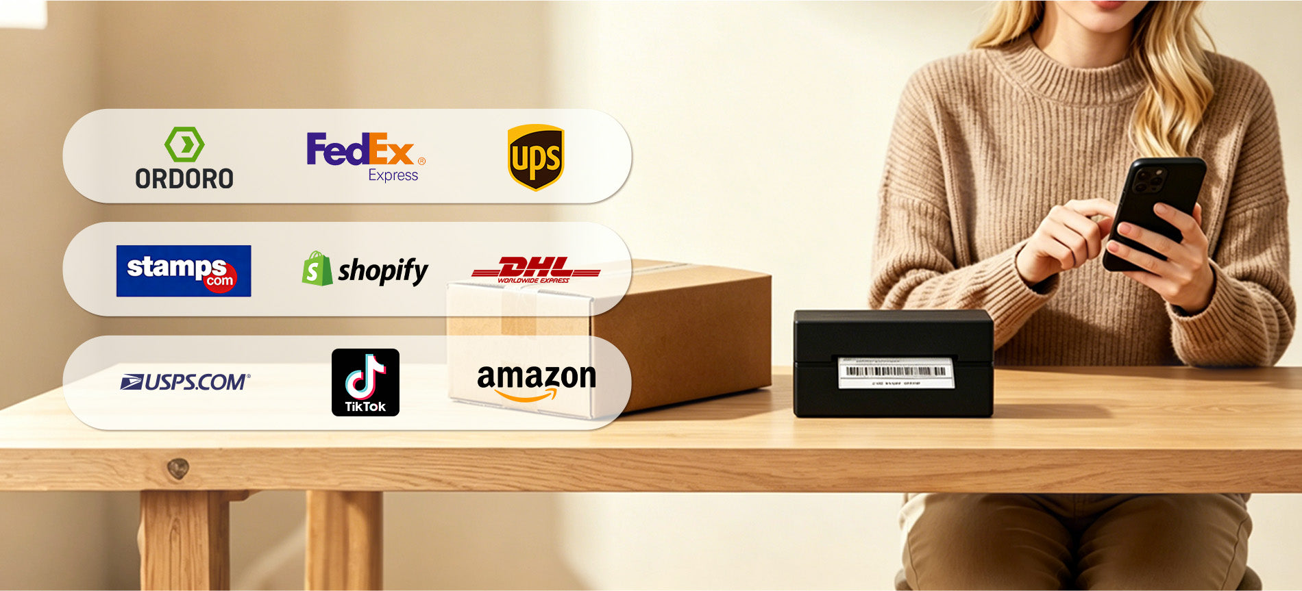Arrvel A428T thermal shipping label printer for e-commerce and shipping workflows with major online selling and carrier platforms