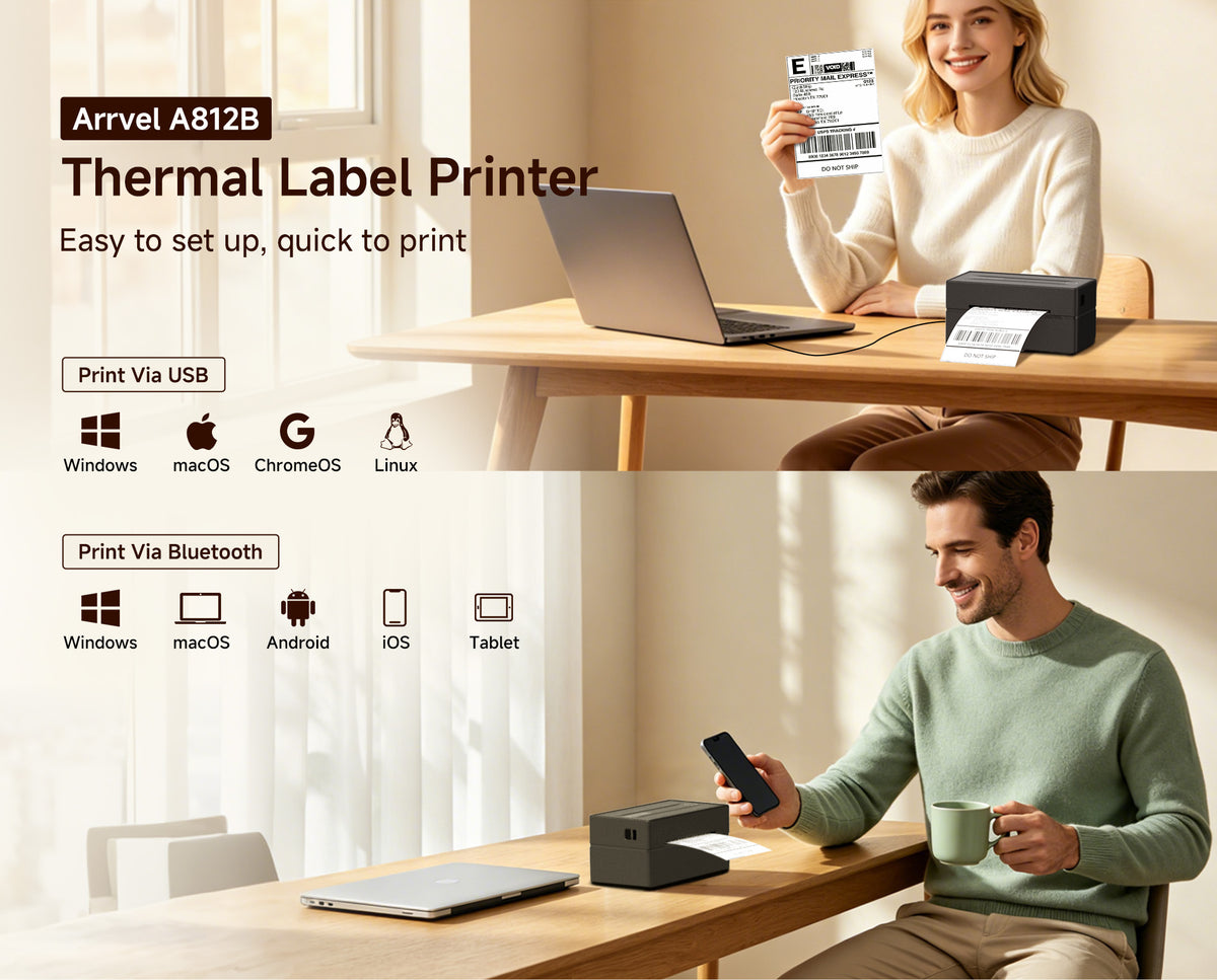 Arrvel A428T thermal label printer with USB and Bluetooth printing support for Windows, macOS, Android, iOS and tablets