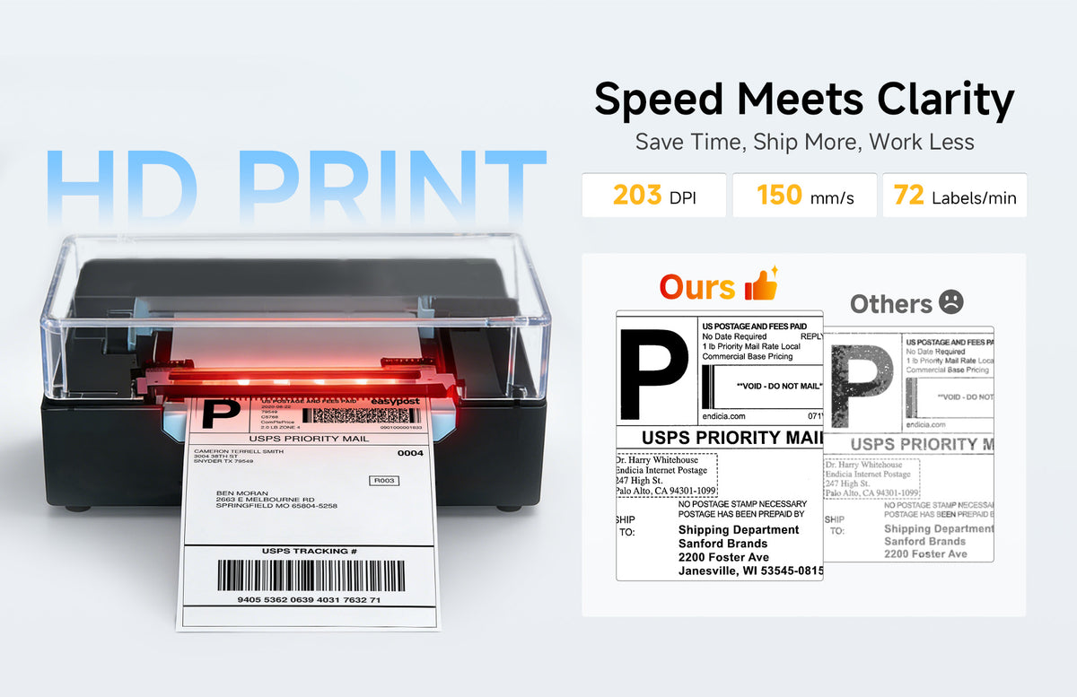 Arrvel A42BT thermal label printer with 203 DPI resolution and 150mm/s printing speed for clear shipping labels and barcodes