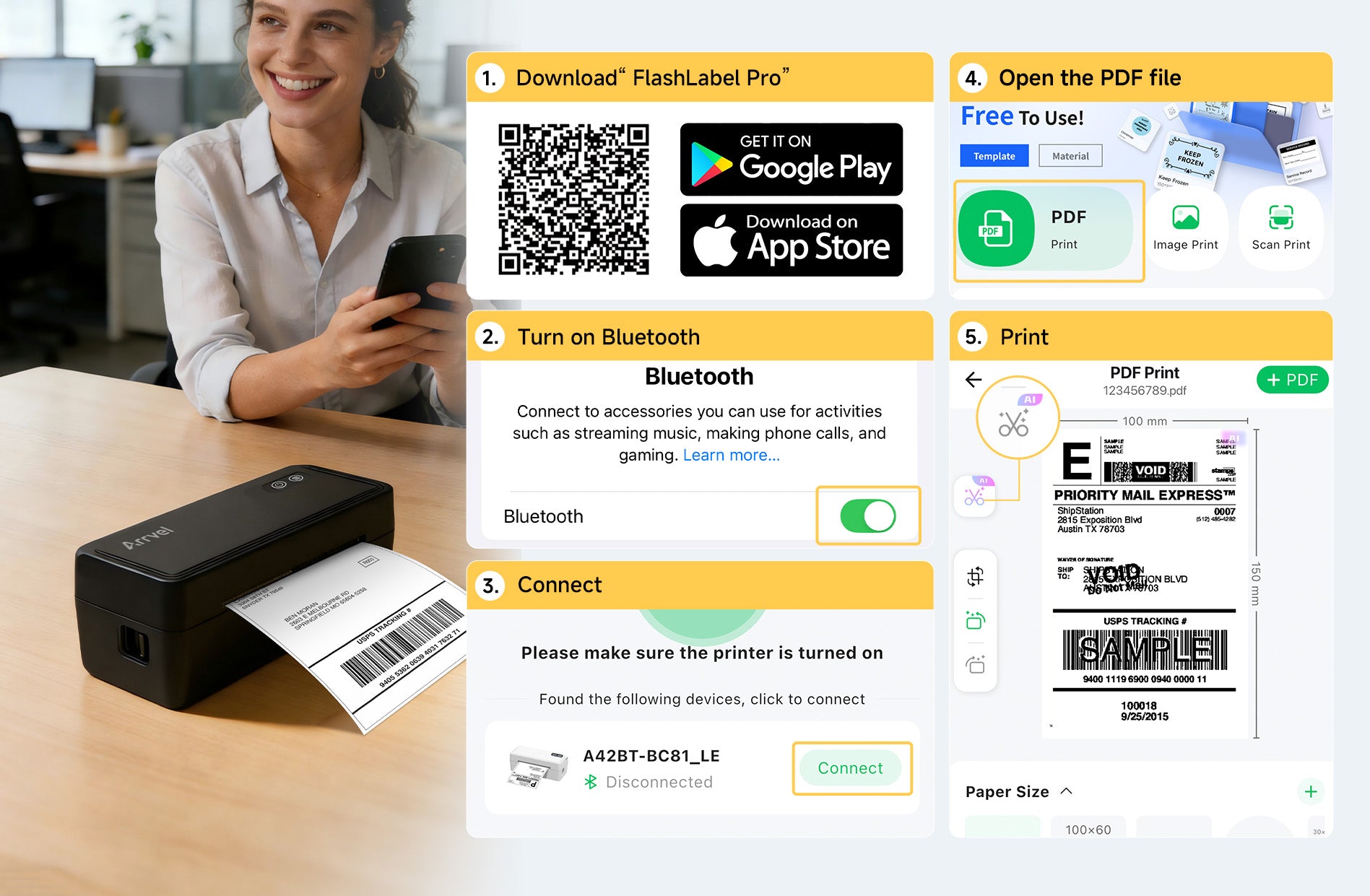 Arrvel A42BT Bluetooth thermal label printer setup with FlashLabel Pro app for mobile PDF and shipping label printing