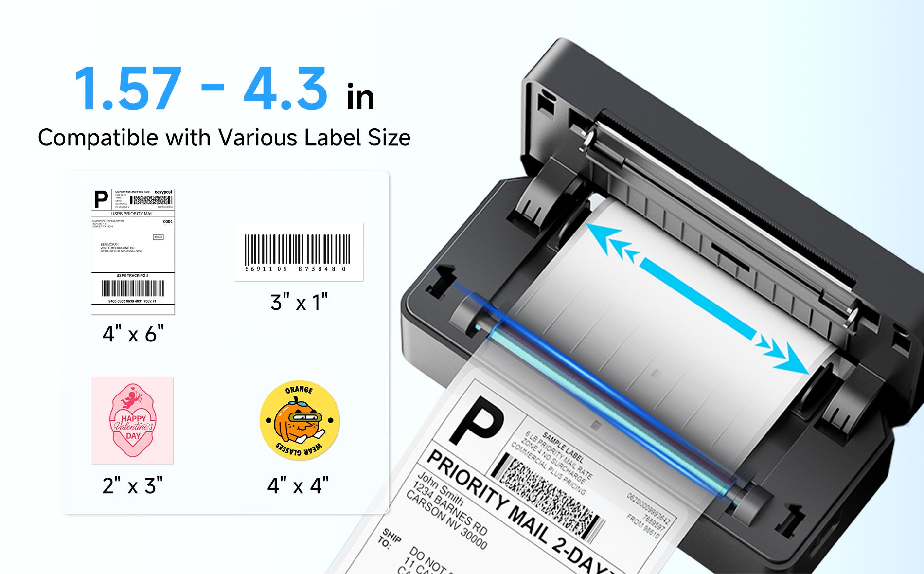 Arrvel A42BT thermal printer supporting label widths from 1.57 to 4.3 inches including 4x6 shipping and barcode labels