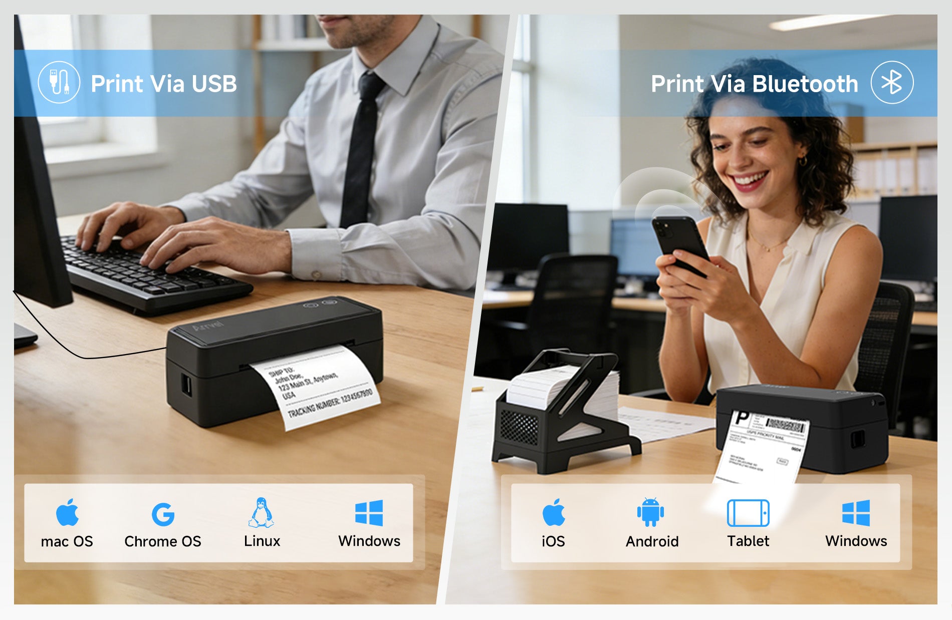 Arrvel A42BT thermal label printer with USB and Bluetooth connectivity for Windows, macOS, ChromeOS, Linux, iOS and Android