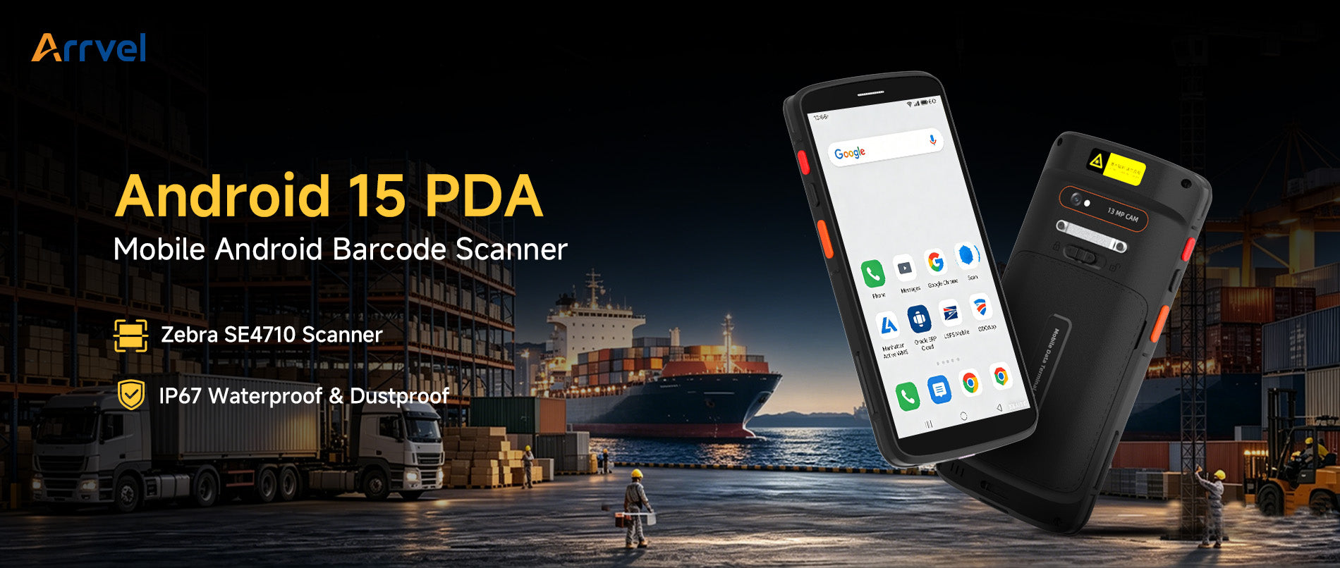 Arrvel F2 Android 15 rugged PDA with Zebra SE4710 barcode scanner for warehouse and logistics operations