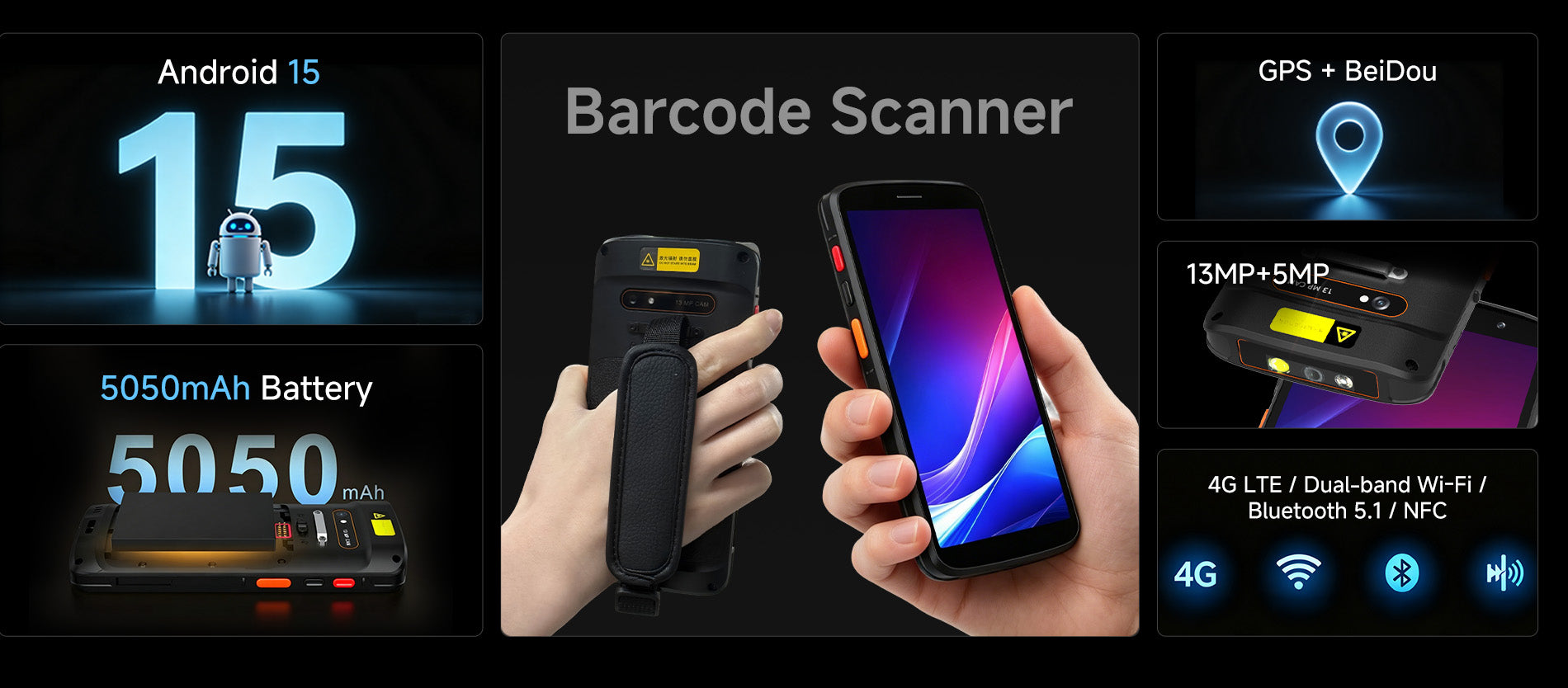 Arrvel F2 Android 15 rugged PDA barcode scanner with 5050mAh battery, 4G LTE, WiFi, Bluetooth and NFC