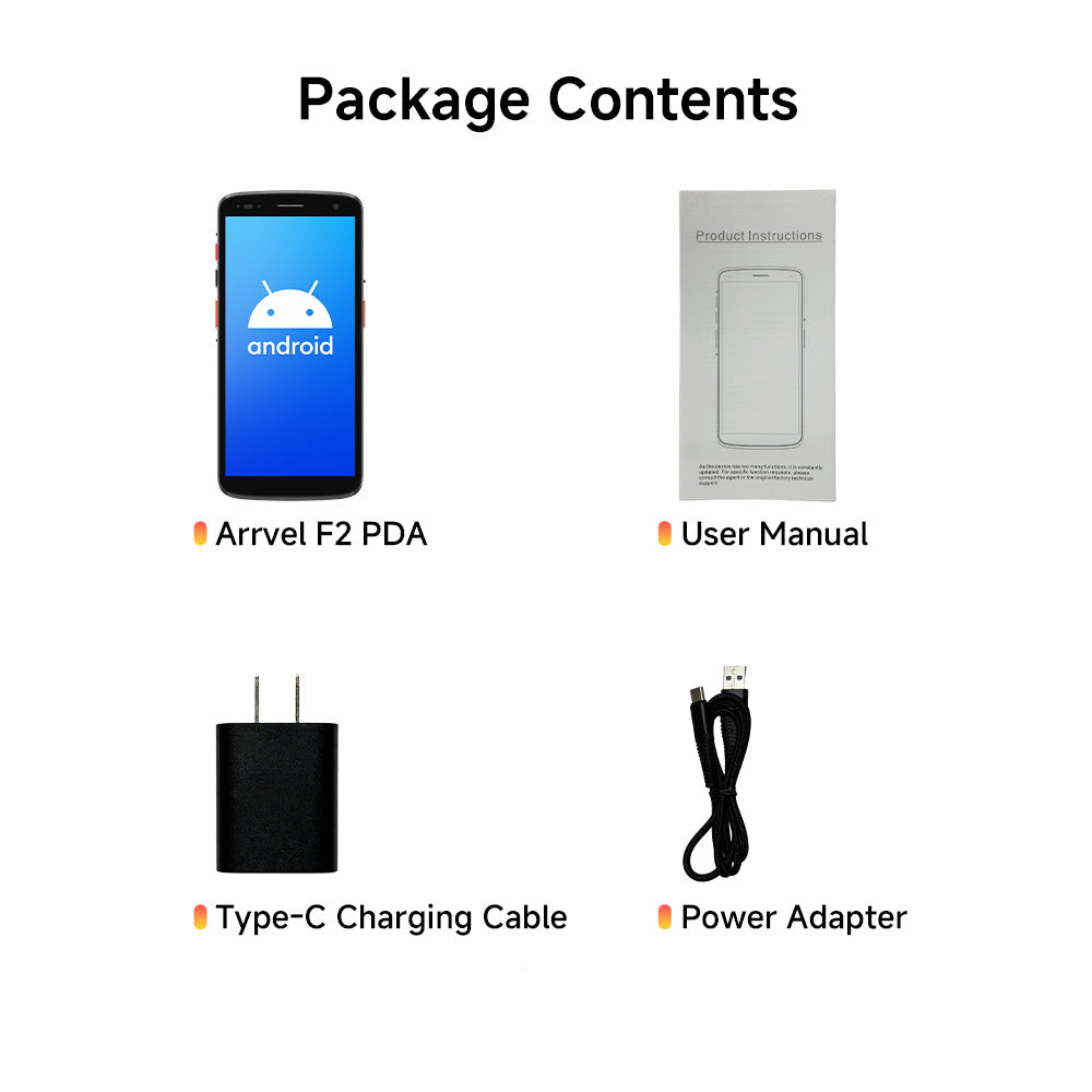 Arrvel F2 rugged PDA package contents with handheld terminal, user manual, Type-C charging cable and power adapter