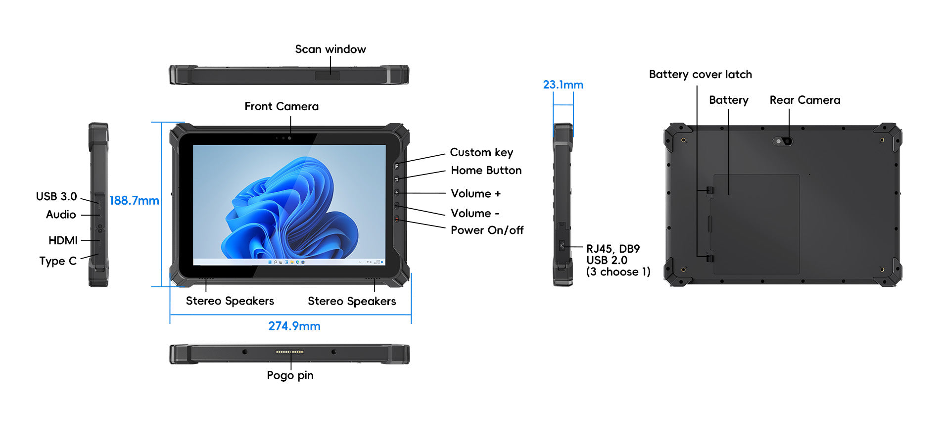 Arrvel I17J rugged tablet dimensions, buttons, cameras, ports, Pogo pin and optional expansion interface