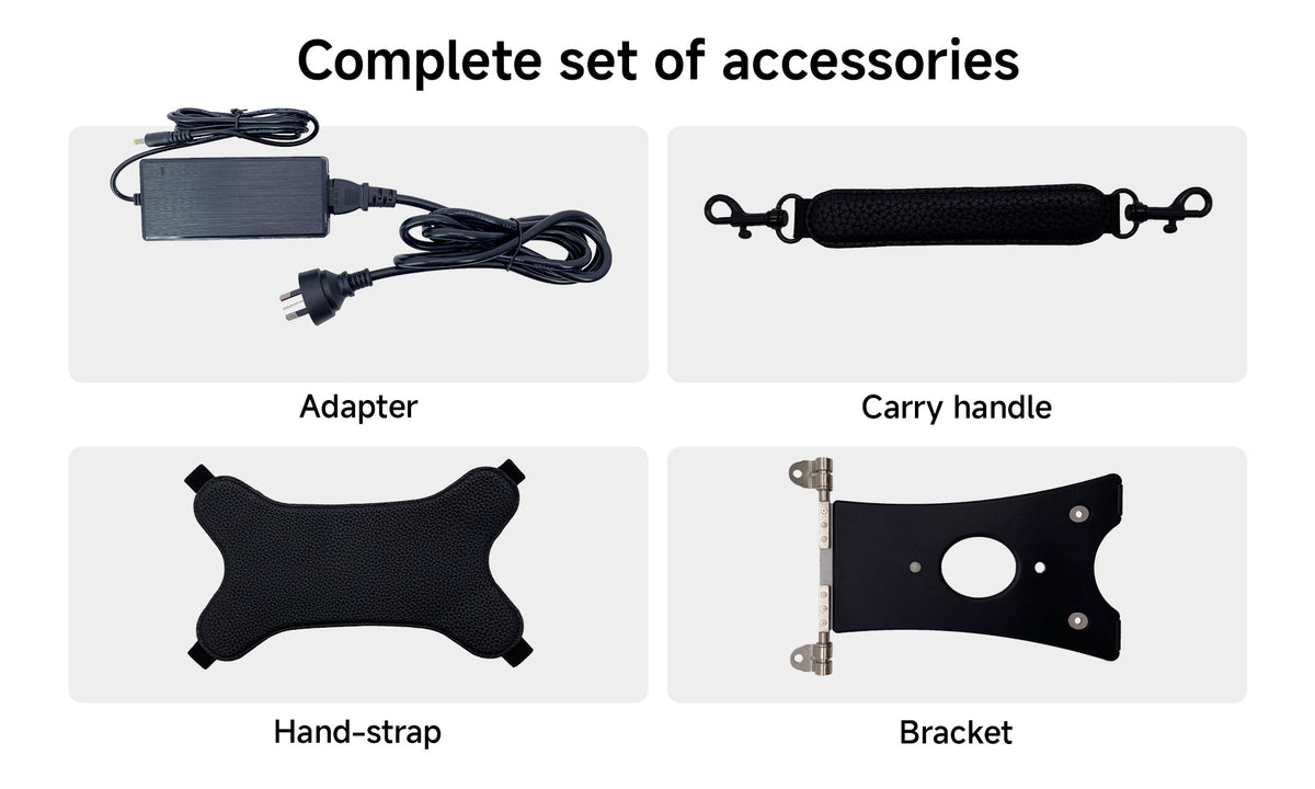 Arrvel I22J rugged tablet accessories including power adapter, carry handle, hand strap and mounting bracket
