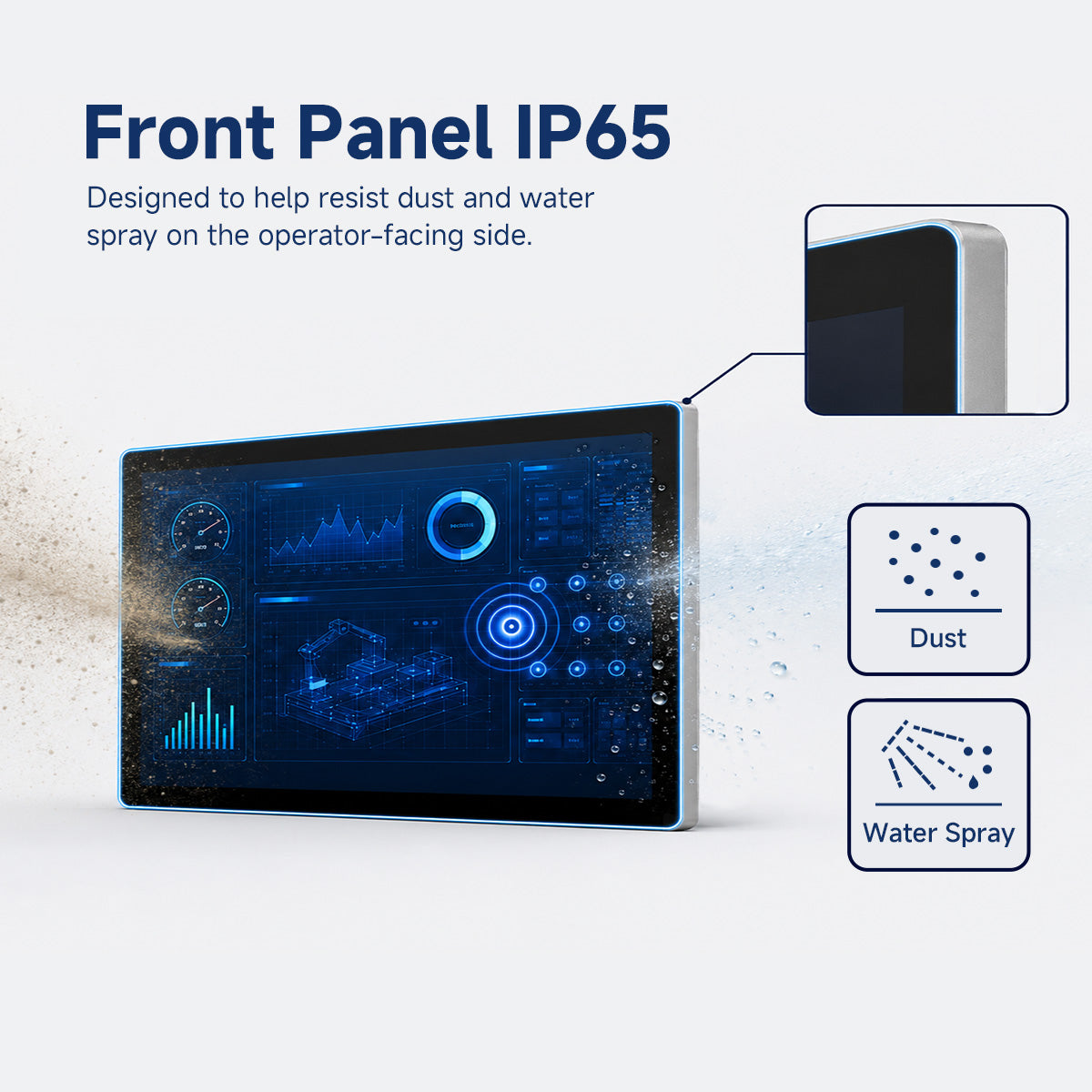 Arrvel N15L6 industrial panel PC with IP65-rated front panel designed to resist dust and water spray