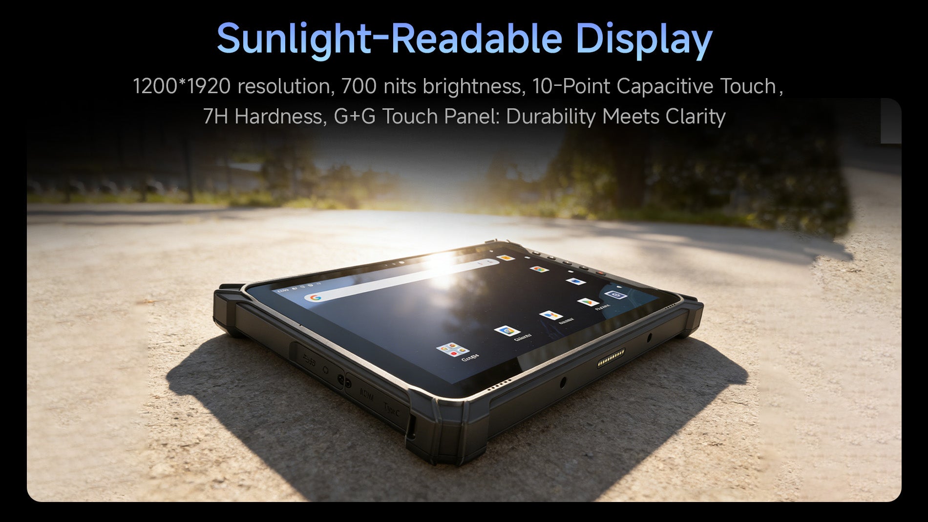 Arrvel T17X rugged tablet with 700-nit sunlight-readable display, 1200 x 1920 resolution and 10-point capacitive touchscreen