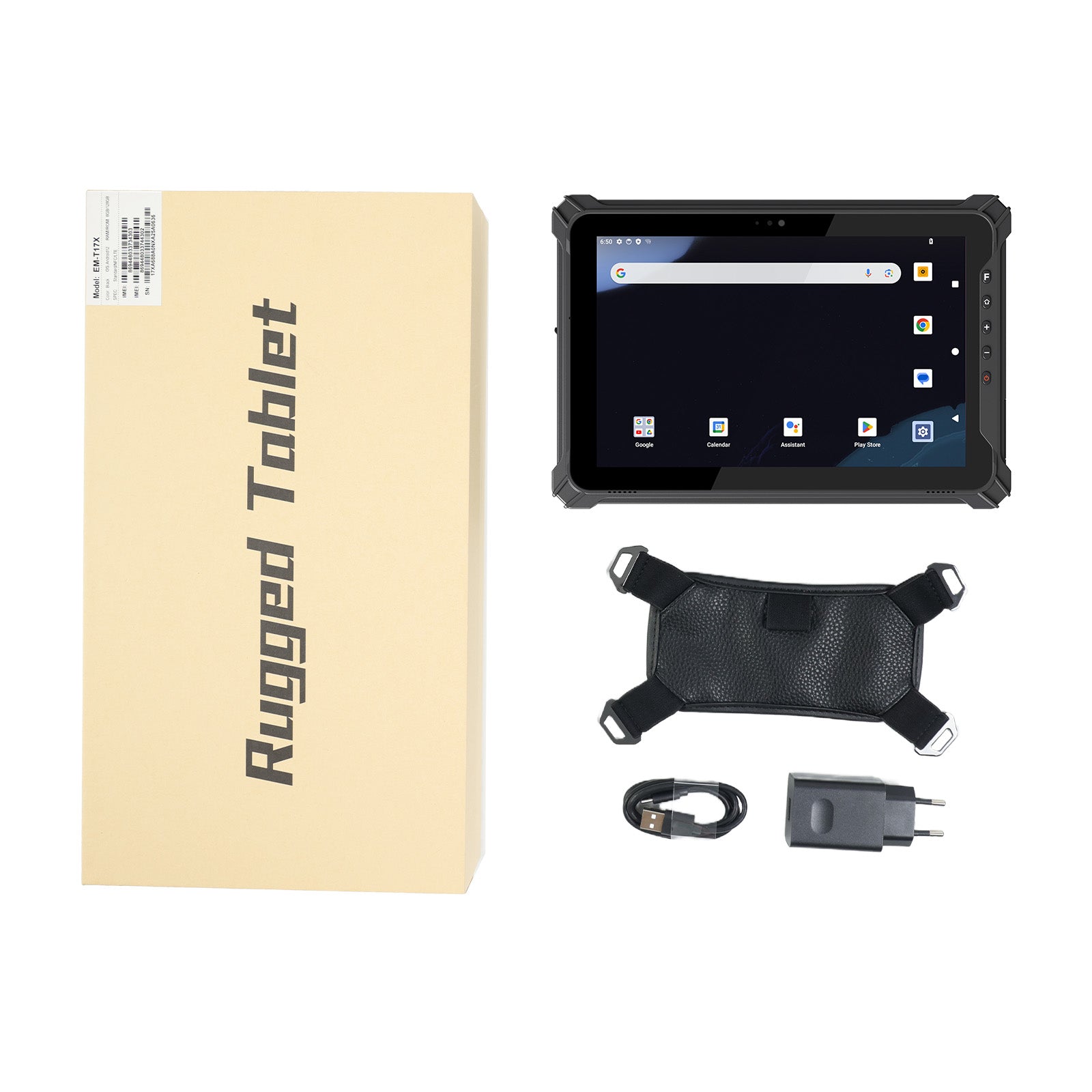 Arrvel T17X rugged Android tablet with hand strap, charging cable and power adapter