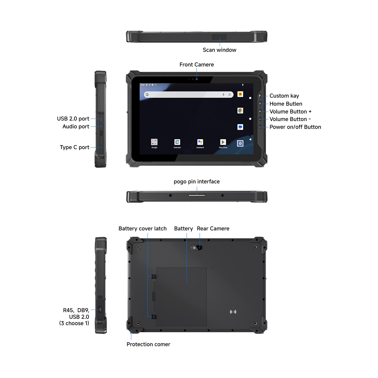 Arrvel T17X rugged Android tablet ports with USB, Type-C, pogo pin and expansion interfaces