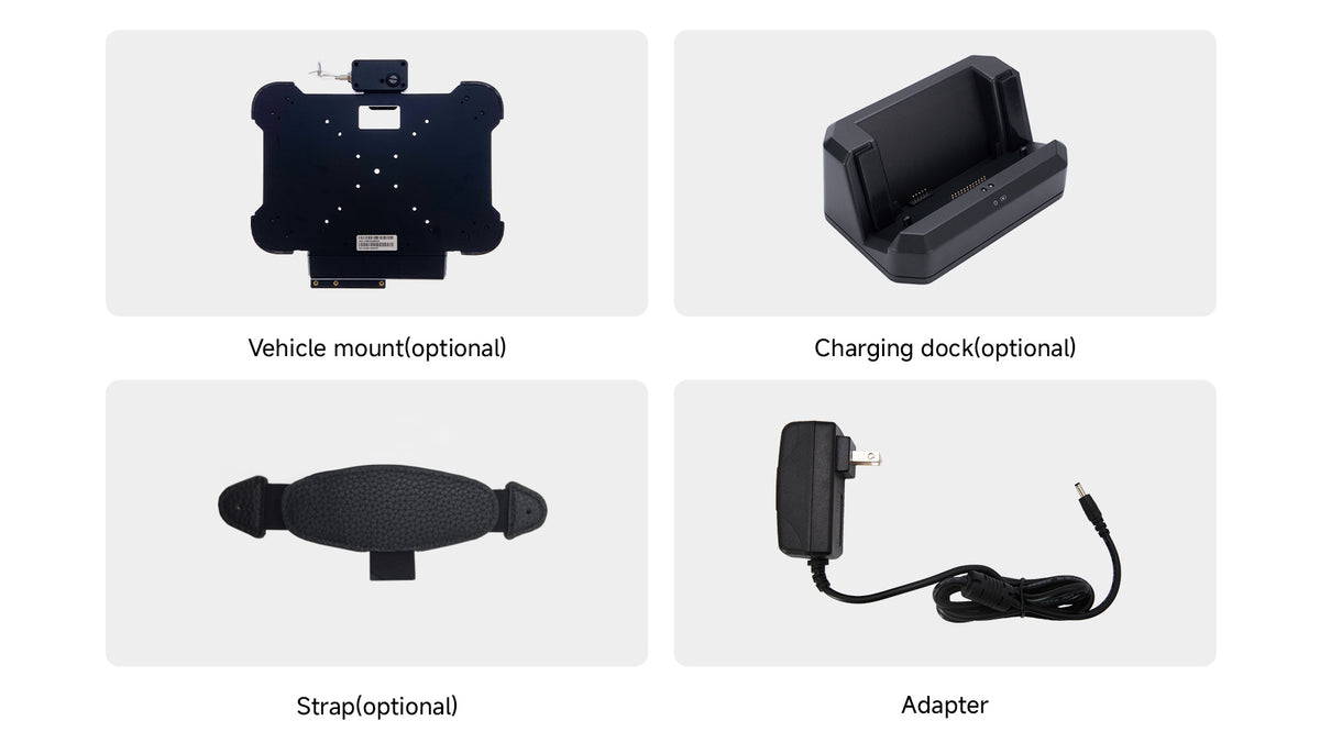 Arrvel T81X rugged tablet accessories including optional vehicle mount, charging dock, hand strap and power adapter
