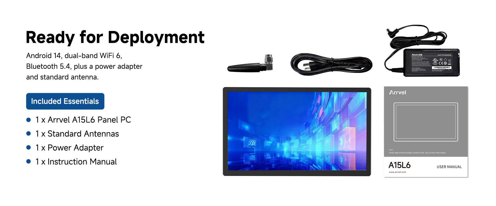 Arrvel A15L6 Android industrial panel PC with standard antenna, power adapter and instruction manual