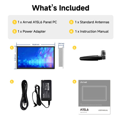 Arrvel A15L6 industrial panel PC package with standard antenna, power adapter and instruction manual