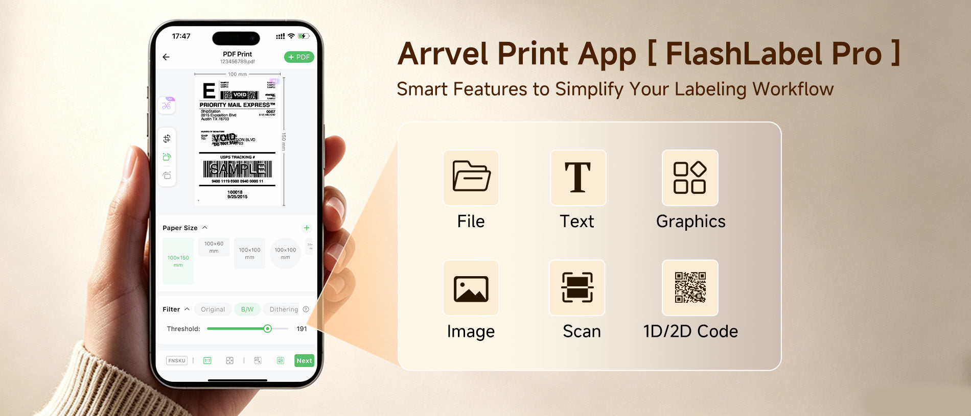 Arrvel A428T thermal label printer with FlashLabel Pro app supporting files, text, graphics, images, scans and 1D 2D codes