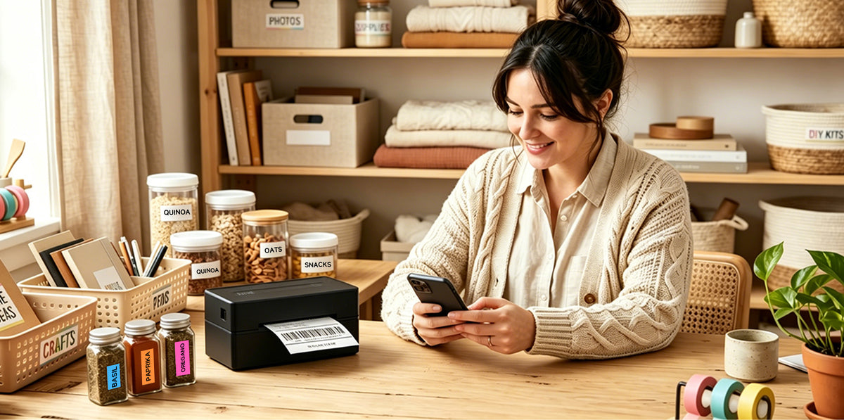 Arrvel A428T Bluetooth thermal label printer for home organization, storage labels, barcode labels and everyday labeling