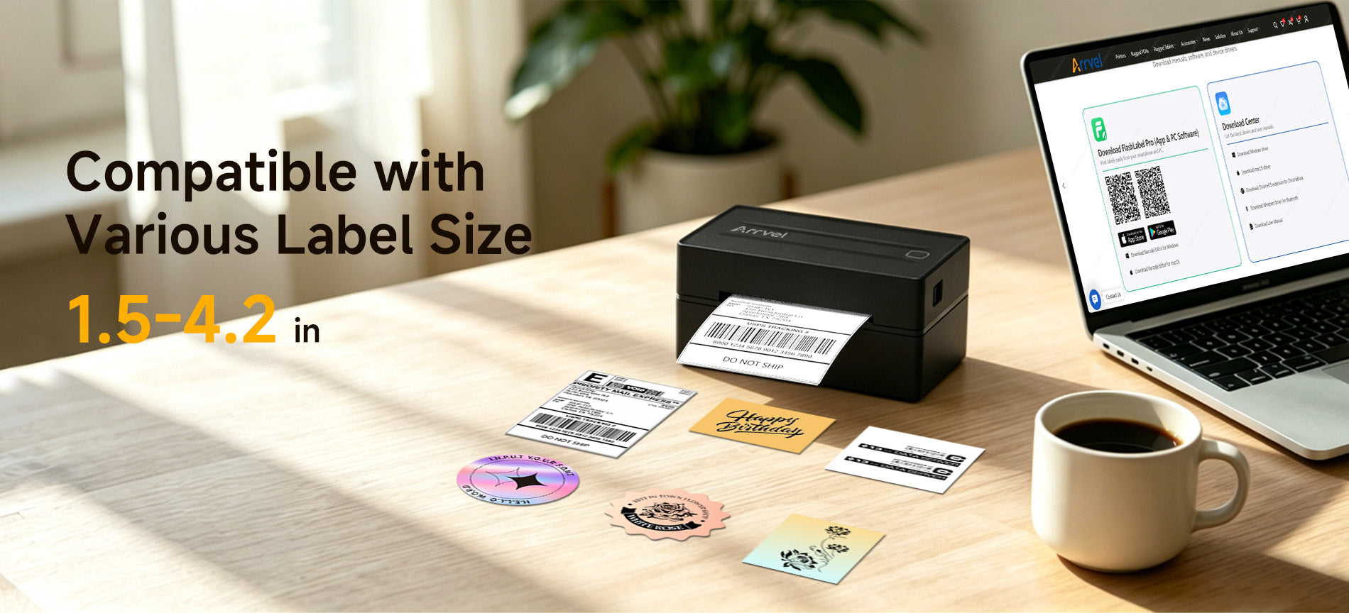 Arrvel A428T thermal label printer supporting label widths from 1.5 to 4.2 inches for shipping, barcode and custom labels