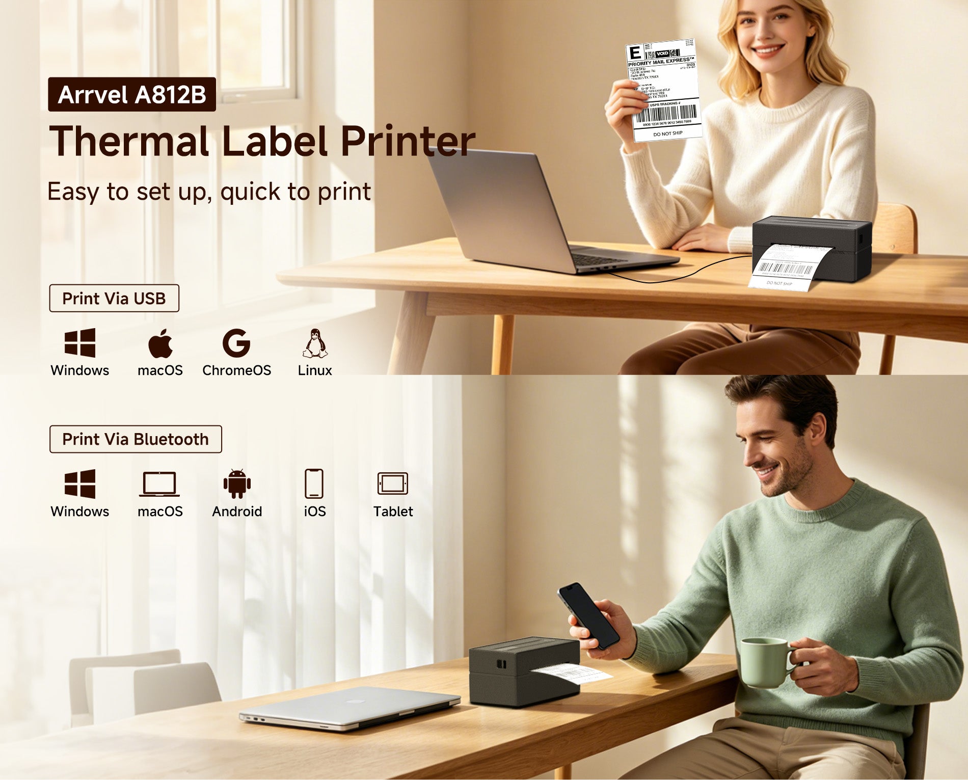 Arrvel A428T thermal label printer with USB and Bluetooth printing support for Windows, macOS, Android, iOS and tablets