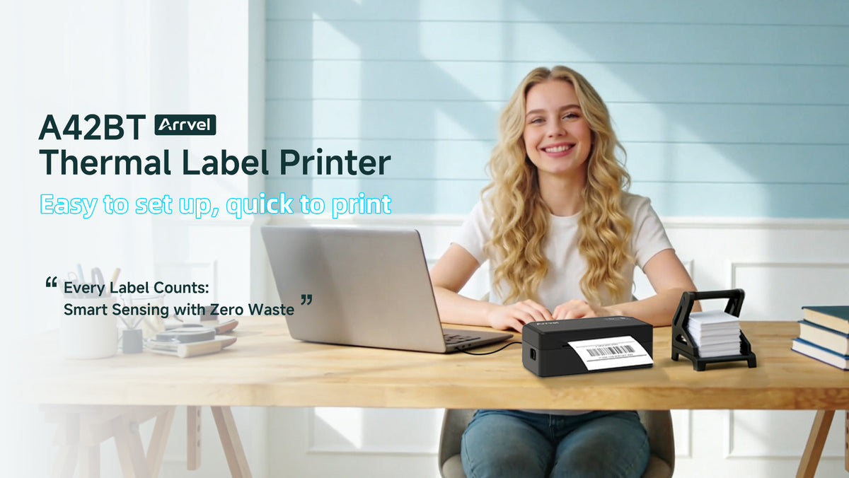 Arrvel A42BT Bluetooth thermal label printer for fast shipping label printing with smart sensing and automatic label calibration