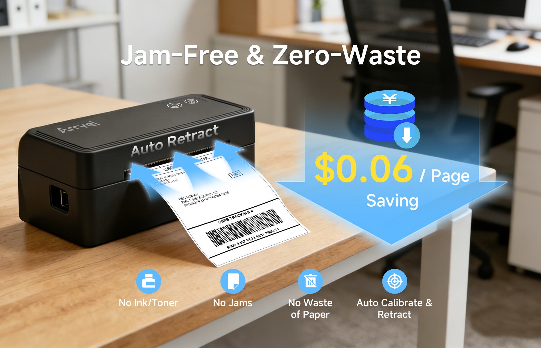 Arrvel A42BT direct thermal label printer with auto calibration and label retraction for jam-free, low-waste printing