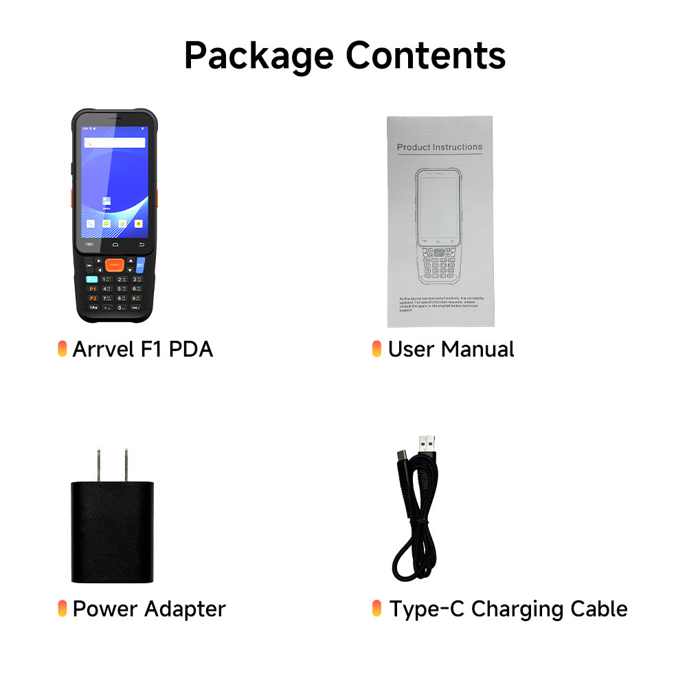 Arrvel F1 rugged PDA package contents with handheld terminal, user manual, power adapter and Type-C charging cable