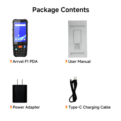 Arrvel F1 rugged PDA package contents with handheld terminal, user manual, power adapter and Type-C charging cable