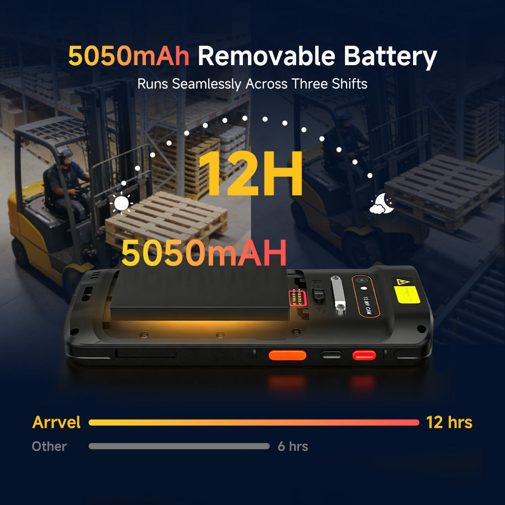 Arrvel F2 rugged PDA with 5050mAh removable battery for long warehouse shifts and field operations