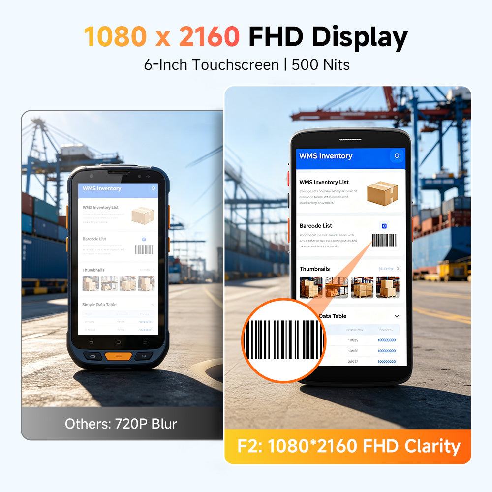 Arrvel F2 rugged PDA with 6-inch 1080 x 2160 FHD touchscreen and 500-nit display for industrial use