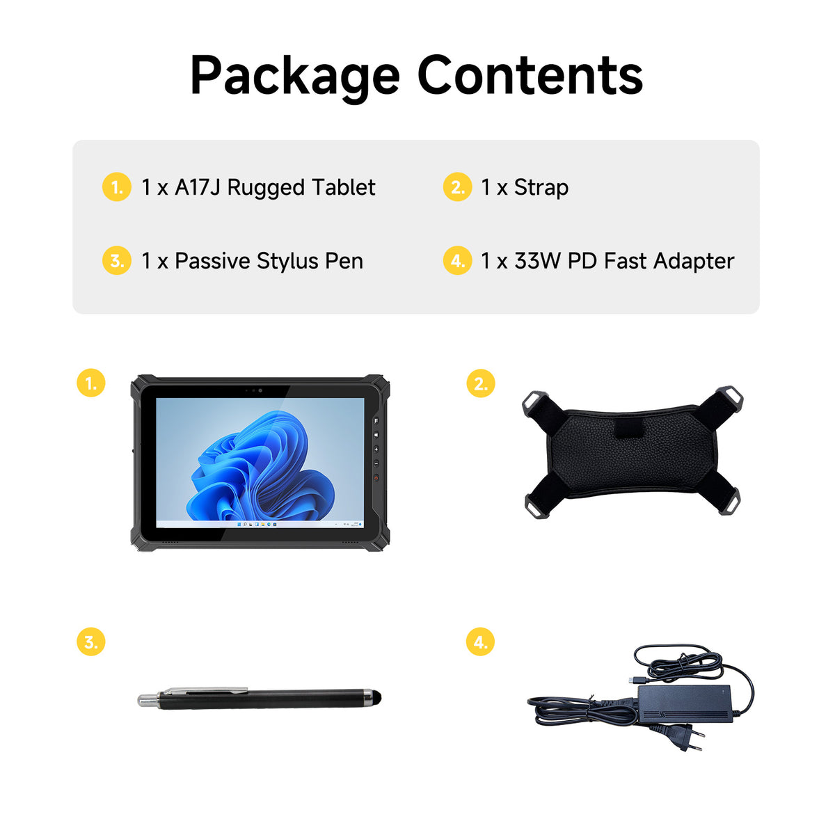Arrvel I17J rugged tablet package with strap stylus pen and power adapter
