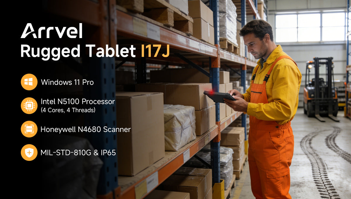 Arrvel I17J rugged Windows tablet with Intel N5100 processor and Honeywell N4680 scanner for warehouse use