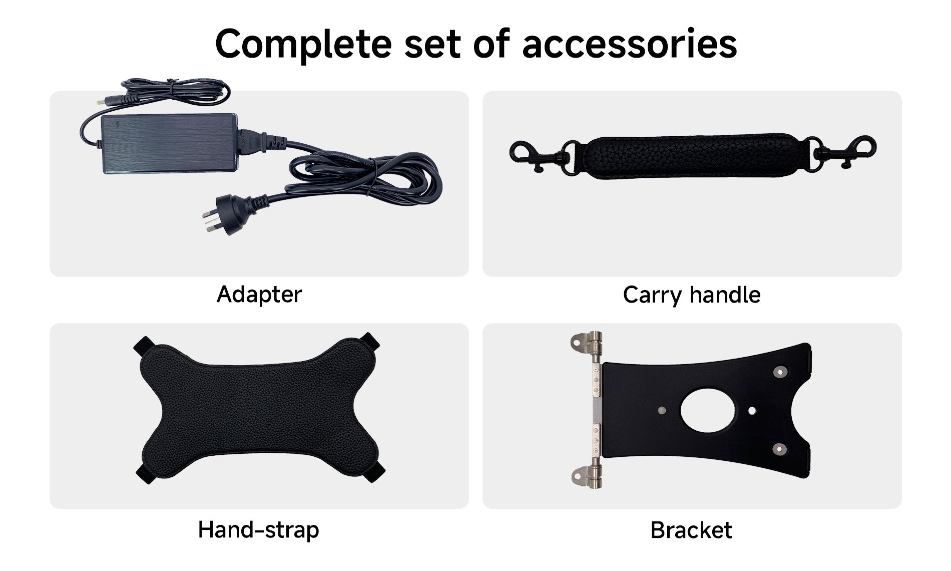 Arrvel I22J rugged tablet accessories including power adapter, carry handle, hand strap and mounting bracket