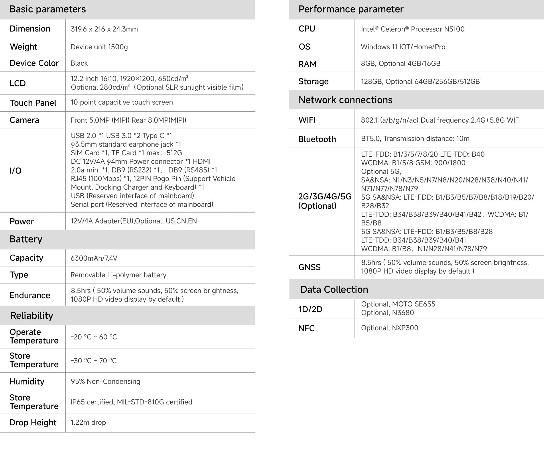 Arrvel I22J 12.2-inch rugged Windows tablet technical specifications including processor, display, battery, connectivity and interfaces