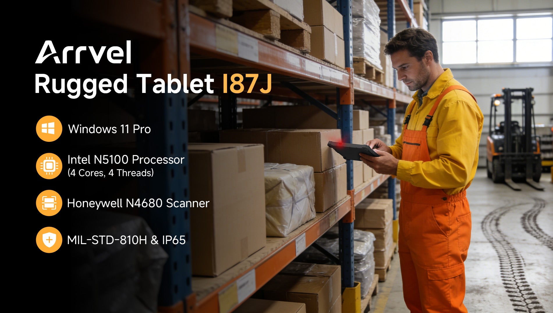 Arrvel I87J 8-inch rugged Windows tablet with Intel N5100 processor, Honeywell N4680 barcode scanner, IP65 protection and MIL-STD-810H durability