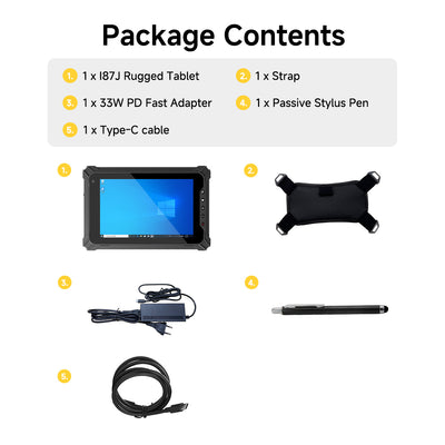 Arrvel I87J rugged tablet package with strap, power adapter, stylus pen and USB Type-C cable