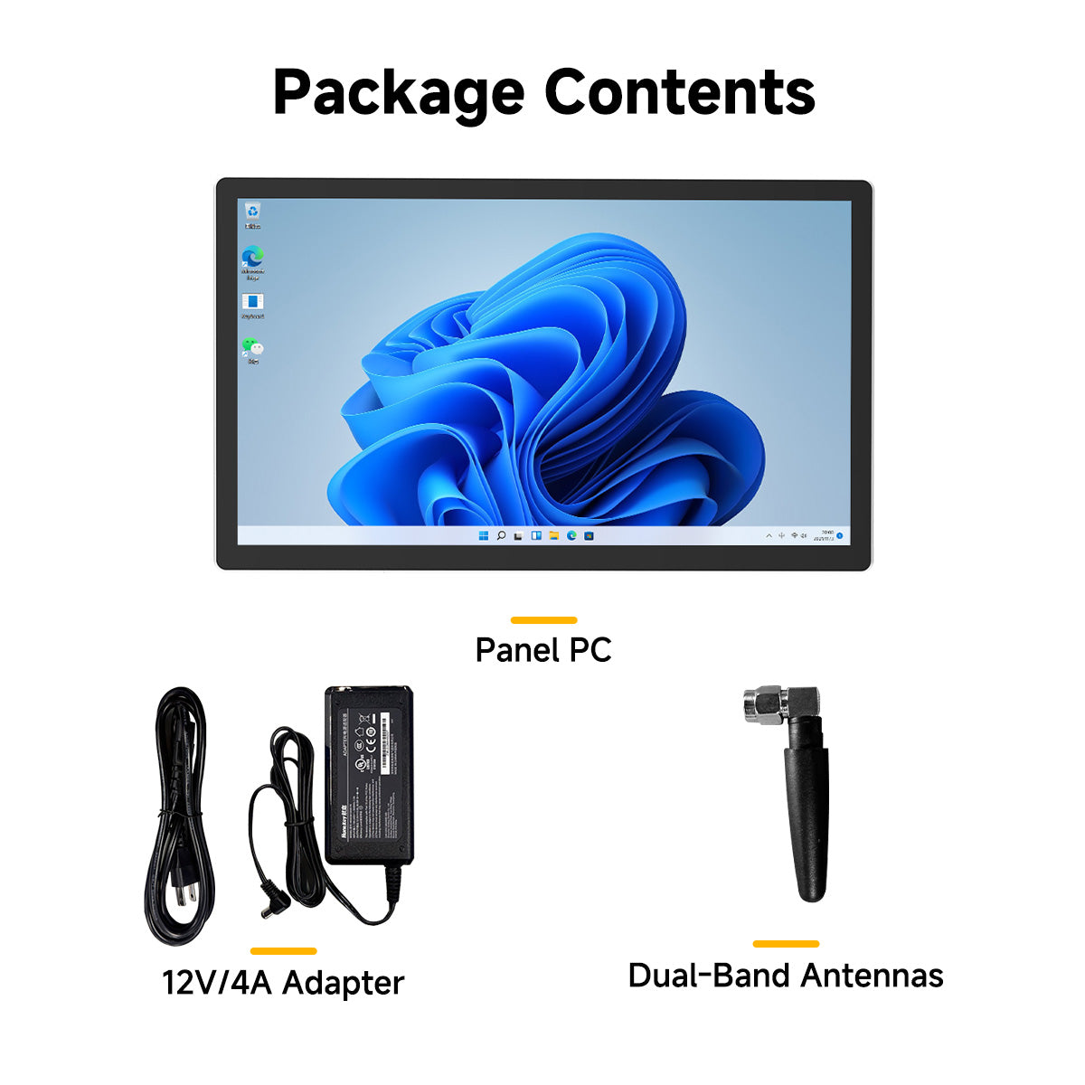 Arrvel K12L2 industrial panel PC package contents with power adapter and dual-band antenna