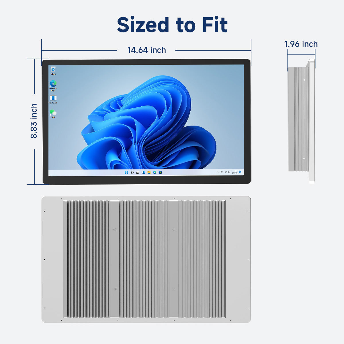 Arrvel N15L6 15.6-inch industrial panel PC dimensions showing front rear and side views