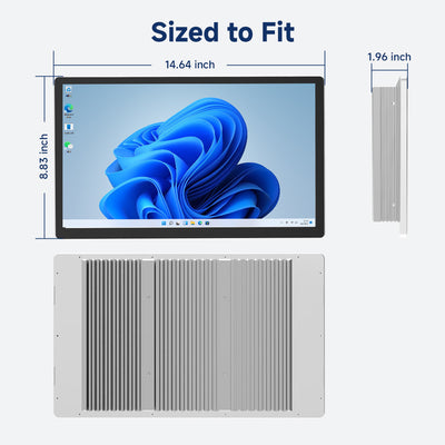 Arrvel N15L6 15.6-inch industrial panel PC dimensions showing front rear and side views