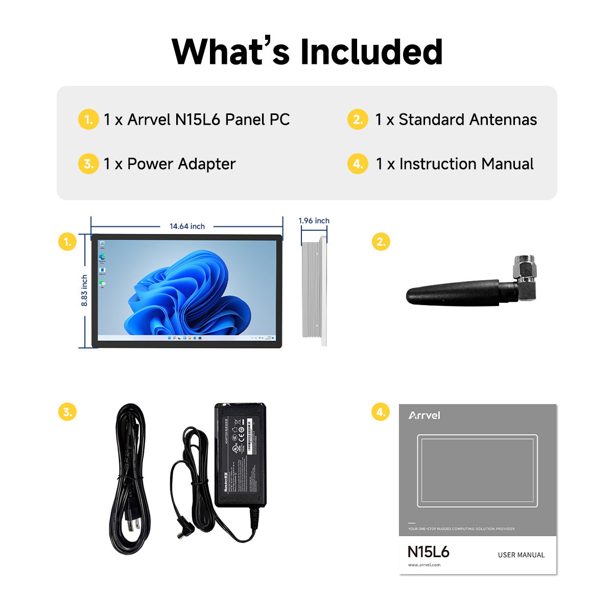 Arrvel N15L6 industrial panel PC package with antenna power adapter and user manual