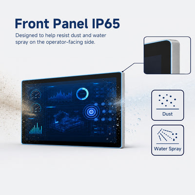 Arrvel N15L6 industrial panel PC with IP65-rated front panel designed to resist dust and water spray