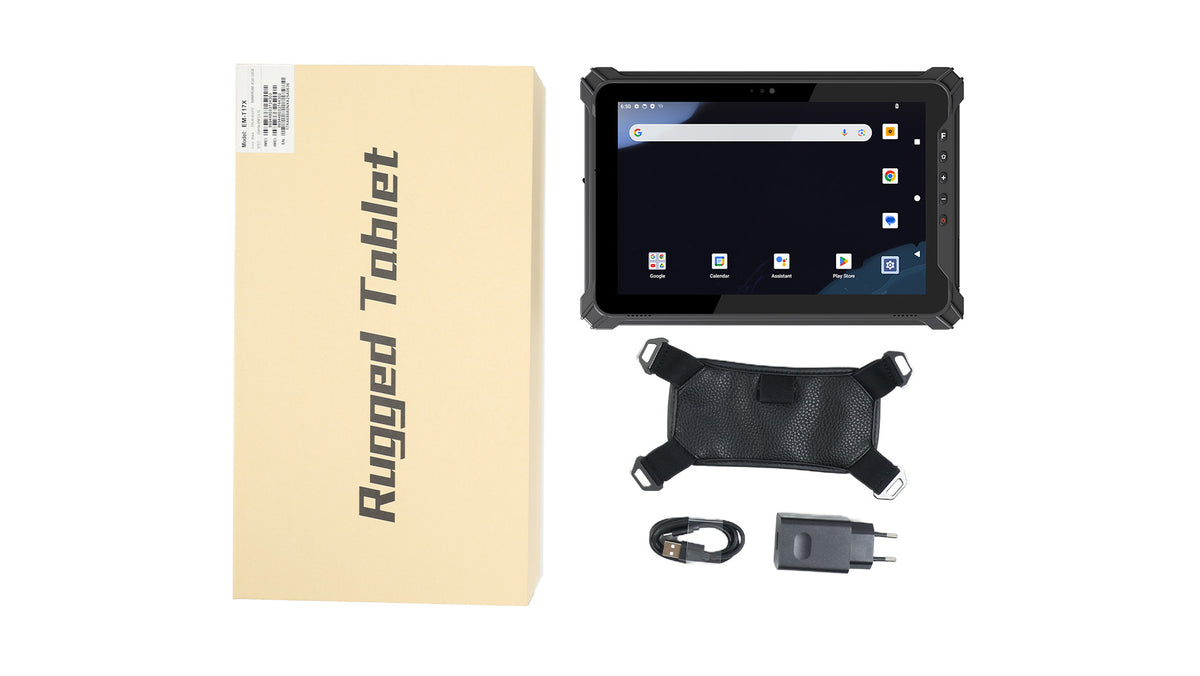 Arrvel T17X rugged Android tablet package with tablet, hand strap, USB cable and power adapter