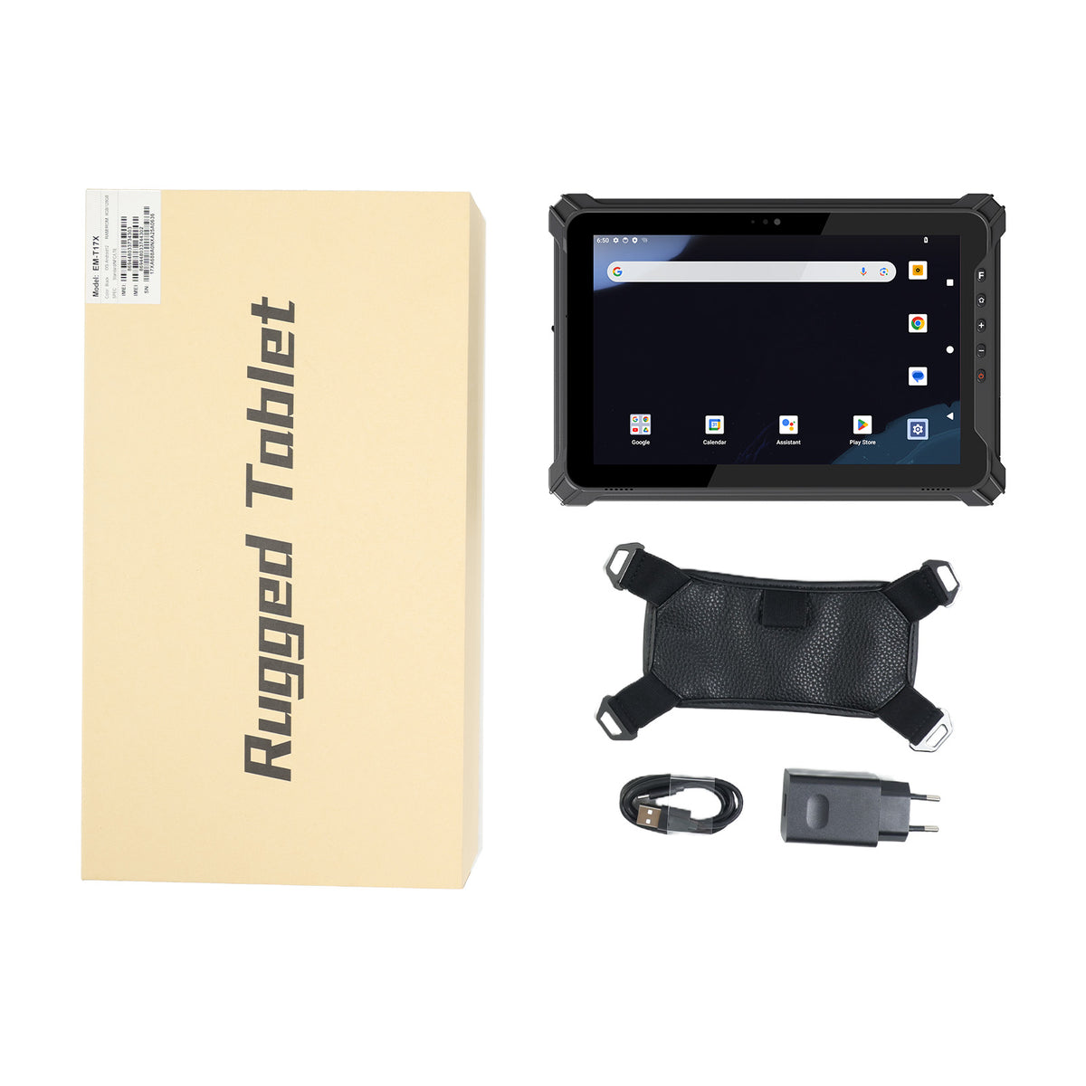 Arrvel T17X rugged Android tablet with hand strap, charging cable and power adapter