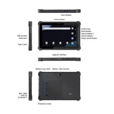 Arrvel T17X rugged Android tablet ports with USB, Type-C, pogo pin and expansion interfaces
