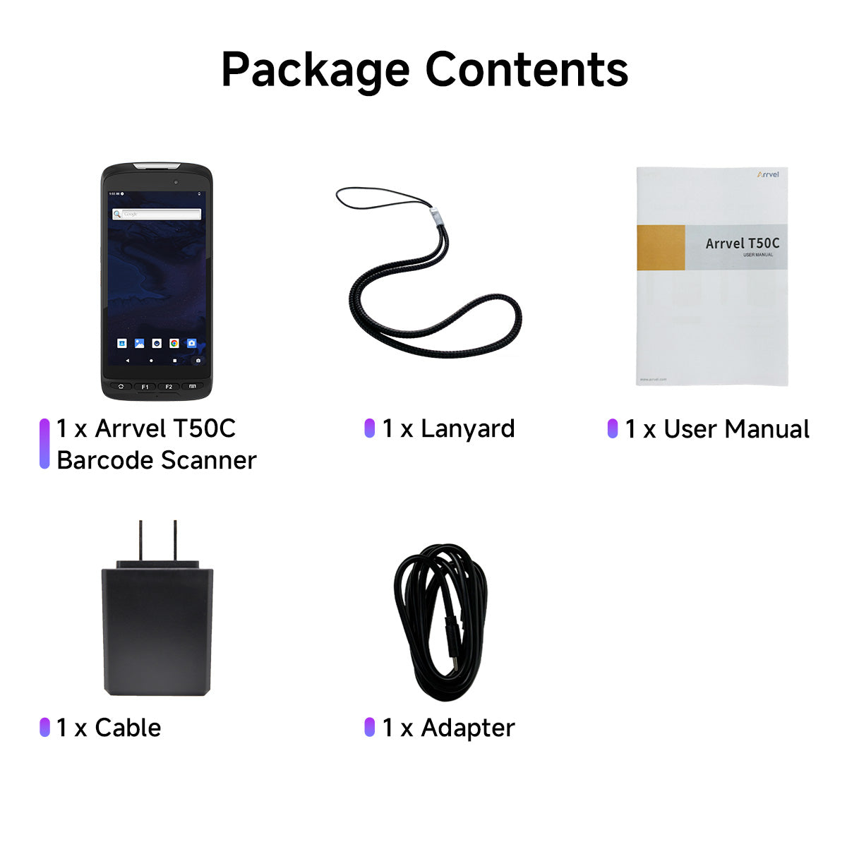 Arrvel T50C rugged barcode scanner package contents with handheld device, lanyard, user manual, cable and adapter