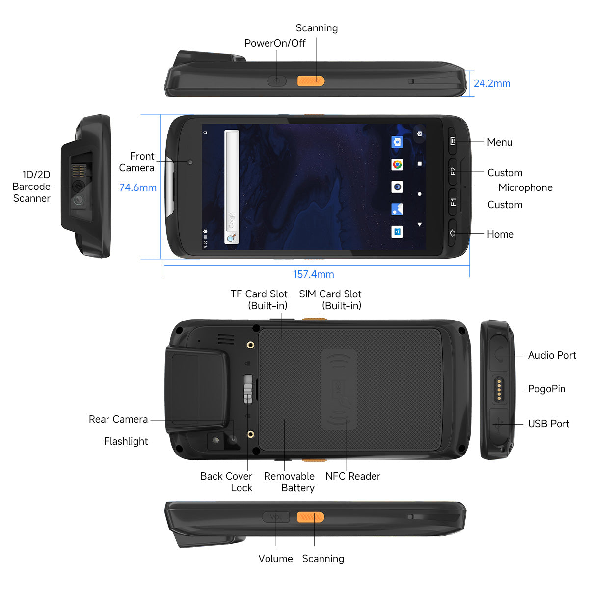 Arrvel T50C rugged handheld PDA ports, buttons, barcode scanner, NFC reader and device dimensions