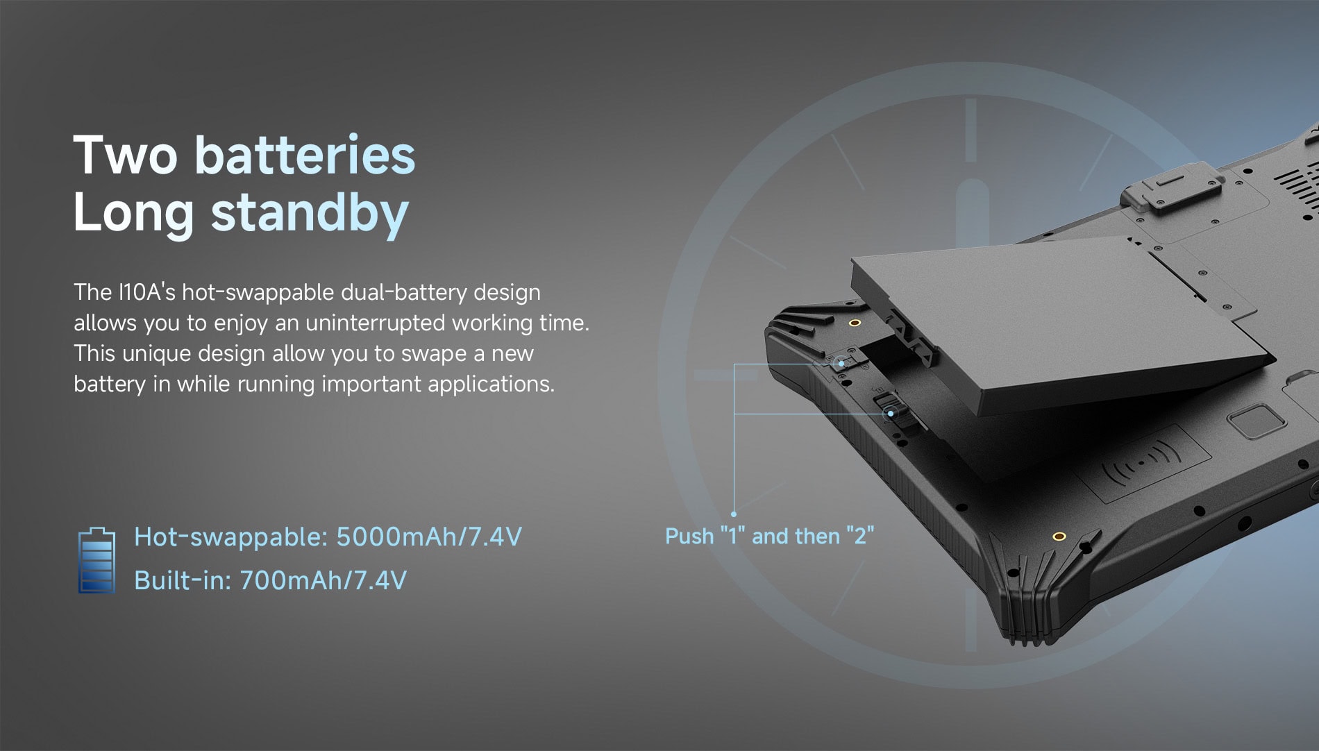 Close-up of a hot-swappable battery system and heavy duty forklift vehicle dock for industrial tablet PCs.