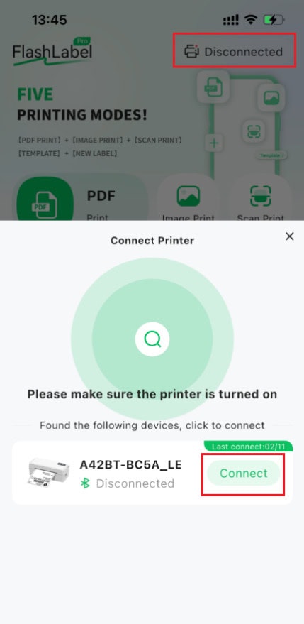 Open the FlashLabel Pro application and connect the A42BT printer.