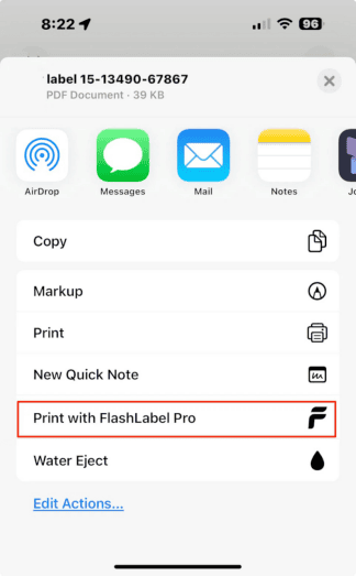 tap "Save Label" and scroll down—you'll see the "Print with FlashLabel Pro" option