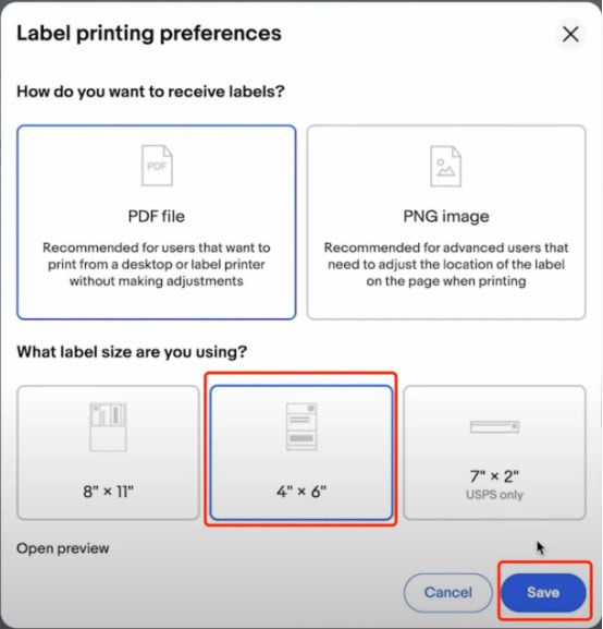 Select 4x6 thermal label (the default is 8.5x11), and then click “Save”.