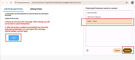 Click “Add”, select 'A42BT' from the pop-up list, and click Connect.