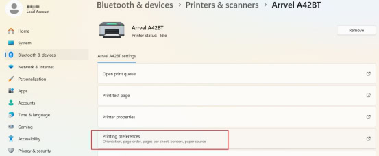 Click Settings → Bluetooth & devices → Printers & scanners → Click “Arrvel A42BT” → Printing preferences → Page Setup → New.